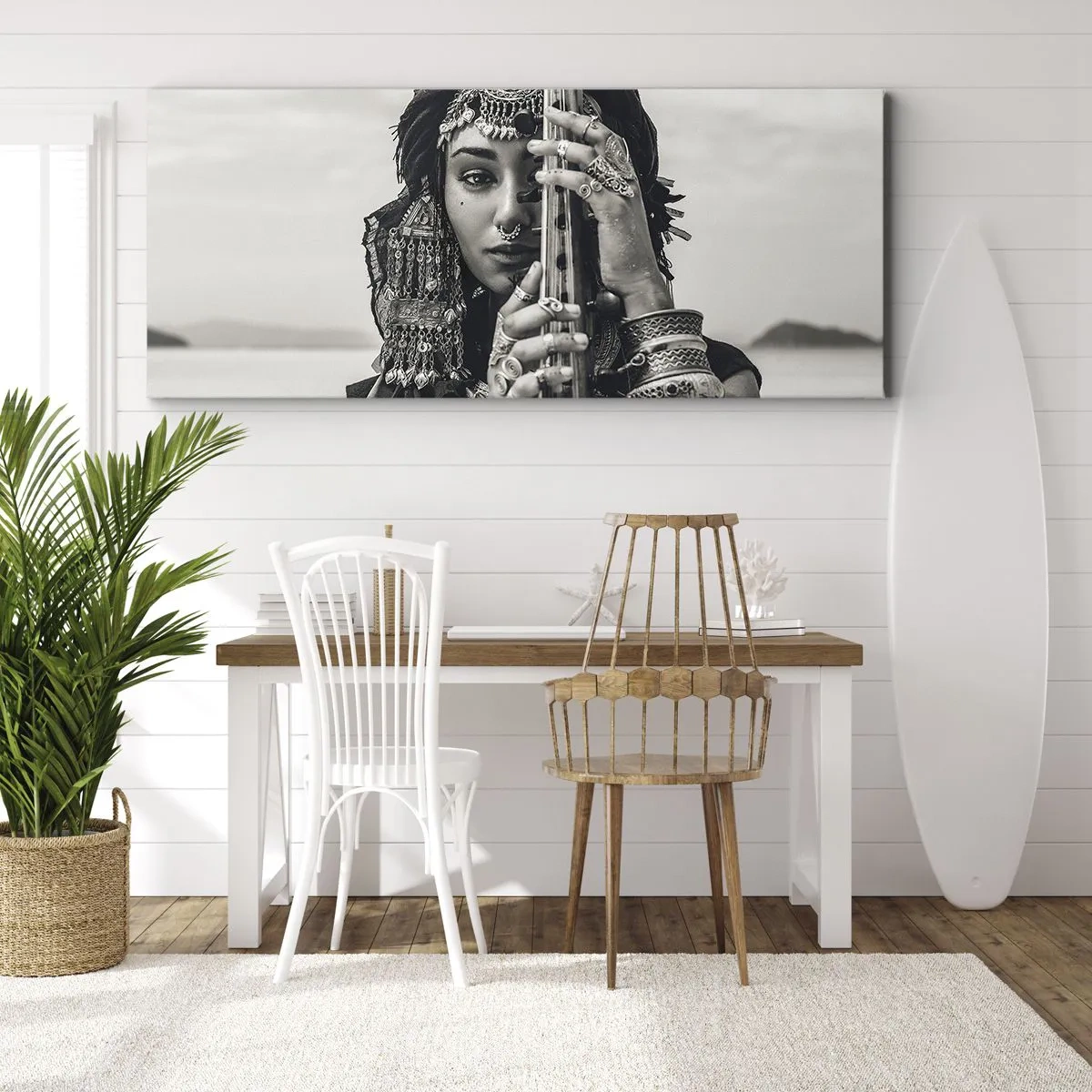 Bild auf Leinwand - Leinwandbild - Porträt einer Frau mit ethnischem Schmuck, die ein Instrument in der Hand hält - 160x50cm - Die Musik des Orients selbst - Moderne Wanddekoration für Wohnzimmer und Schlafzimmer ARTTOR