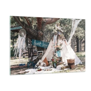 Glasbild - Bild auf glas - Boho Outdoor-Dekoration mit Tipi und Blumen im Wald - 120x80cm - Liebe machen ... - Moderne Wanddekoration für Wohnzimmer und Schlafzimmer ARTTOR