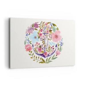 Bild auf Leinwand - Leinwandbild - Ein Anker, umgeben von Aquarellblumen auf hellem Hintergrund - 120x80cm - Guter Traum eines Seemanns - Moderne Wanddekoration für Wohnzimmer und Schlafzimmer ARTTOR