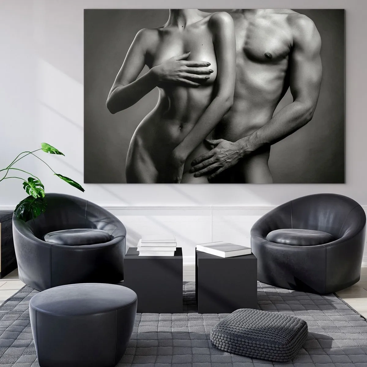 Glasbild - Bild auf glas - Schwarz-Weiß-Komposition mit nackten Silhouetten eines Paares - 120x80cm - Adam und Ewa - Moderne Wanddekoration für Wohnzimmer und Schlafzimmer ARTTOR