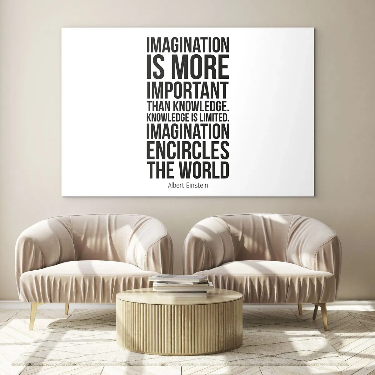 Glasbild - Bild auf glas - Ein Zitat über Vorstellungskraft in minimalistischer Typografie - 70x50cm - Einstein über die Kraft der Vorstellungskraft - Moderne Wanddekoration für Wohnzimmer und Schlafzimmer ARTTOR