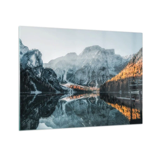 Glasbild - Bild auf glas - Eine Berglandschaft spiegelt sich in der ruhigen Oberfläche des Sees - 70x50cm - Spiegellandschaft - Moderne Wanddekoration für Wohnzimmer und Schlafzimmer ARTTOR