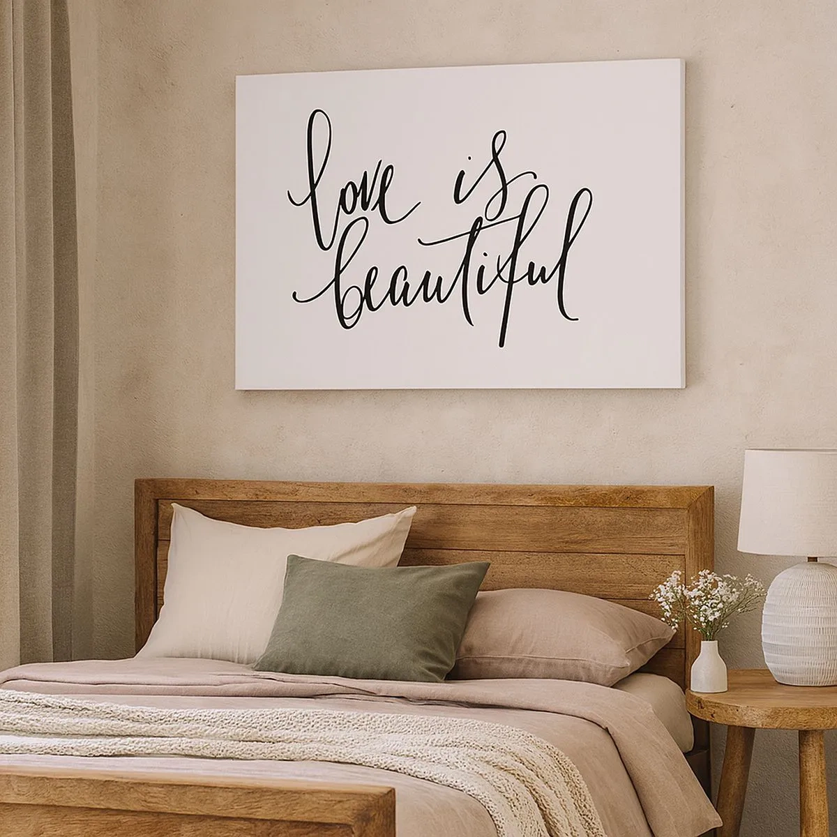 Bild auf Leinwand - Leinwandbild - Schwarze Aufschrift „Liebe ist schön“ auf weißem Hintergrund - 70x50cm - Lies und wiederhol - Moderne Wanddekoration für Wohnzimmer und Schlafzimmer ARTTOR