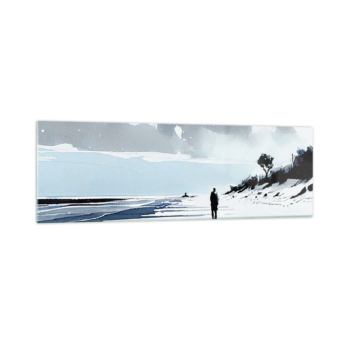 Glasbild - Bild auf glas - Eine einsame Gestalt, die an einem leeren Strand entlanggeht - 160x50cm - Allein sein - Moderne Wanddekoration für Wohnzimmer und Schlafzimmer ARTTOR