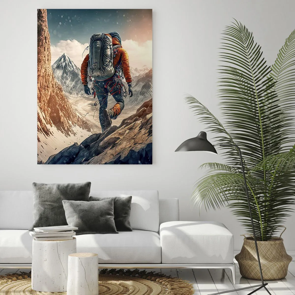 Glasbild - Bild auf glas - Ein Bergsteiger auf einem Bergpfad in einer Winterlandschaft - 70x100cm - Einsamer Krieger - Moderne Wanddekoration für Wohnzimmer und Schlafzimmer ARTTOR