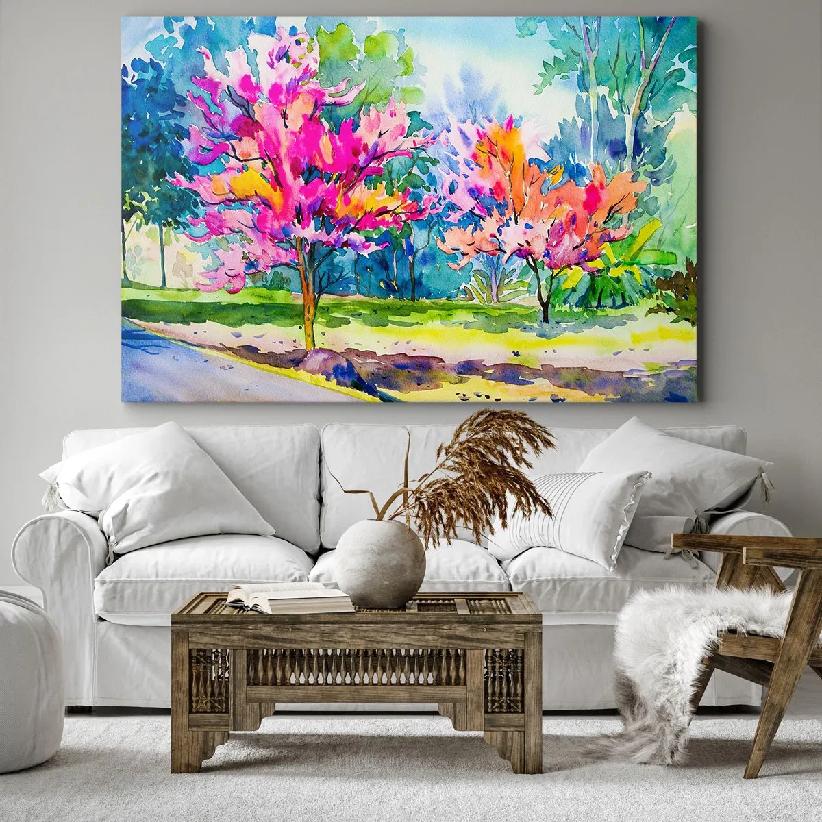 Bild auf Leinwand - Leinwandbild - Bunte Bäume in einem Park im Aquarellstil - 70x50cm - Regenbogengarten im Frühlingslicht - Moderne Wanddekoration für Wohnzimmer und Schlafzimmer ARTTOR