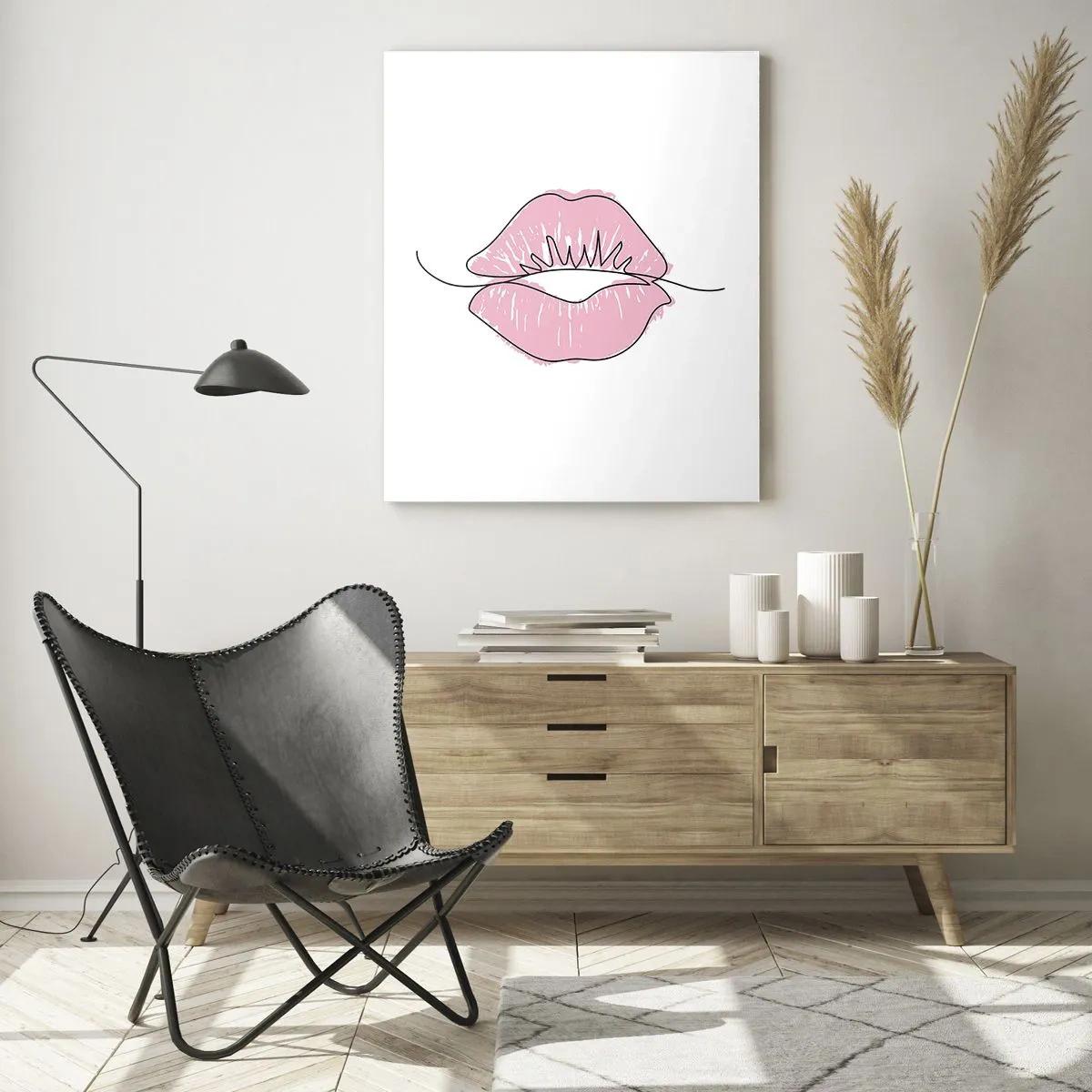 Glasbild - Bild auf glas - Minimalistische Lippenzeichnung in einem Rosaton - 70x100cm - Bereit zum Küssen? - Moderne Wanddekoration für Wohnzimmer und Schlafzimmer ARTTOR