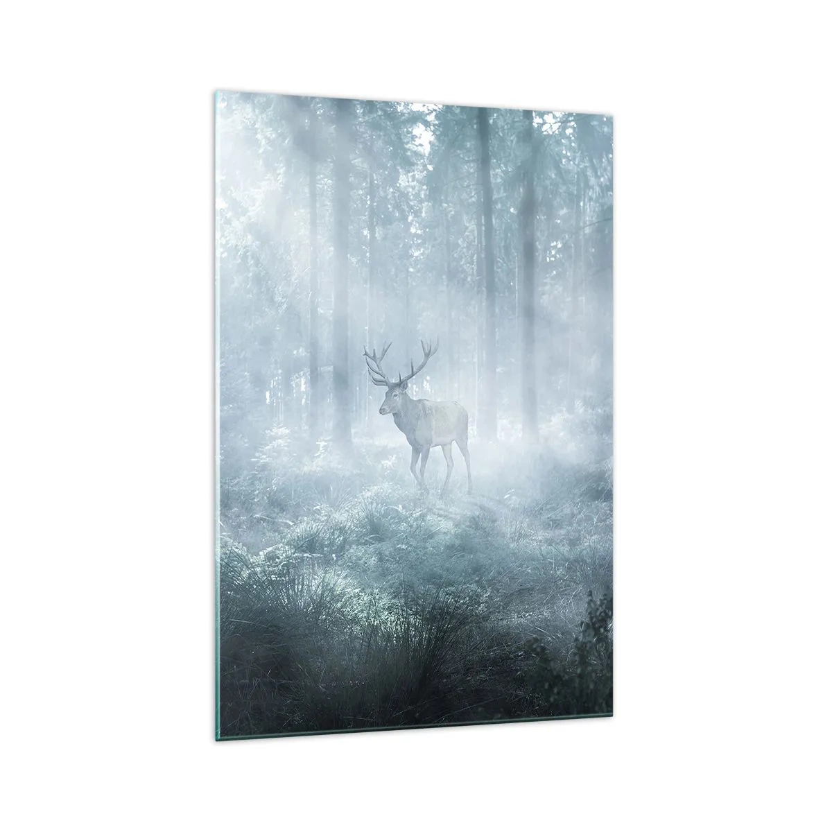 Glasbild - Bild auf glas - Ein Hirsch in einem dichten Wald, eingehüllt in Morgennebel - 70x100cm - Morgenvisite auf dem Grundstück - Moderne Wanddekoration für Wohnzimmer und Schlafzimmer ARTTOR