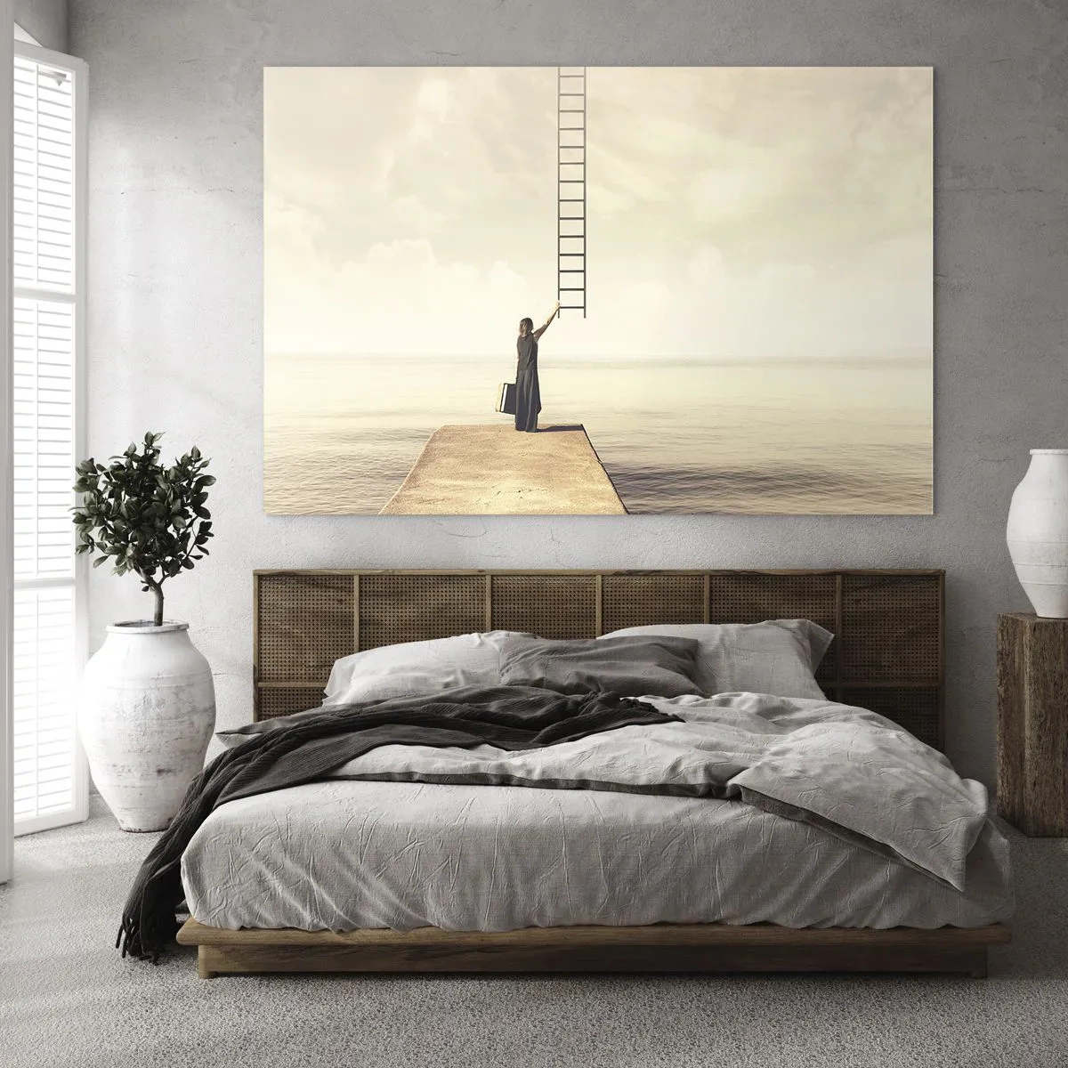 Glasbild - Bild auf glas - Frau auf einem Pier mit einer Leiter, die in den Himmel führt - 70x50cm - Eine magische Reise - Moderne Wanddekoration für Wohnzimmer und Schlafzimmer ARTTOR