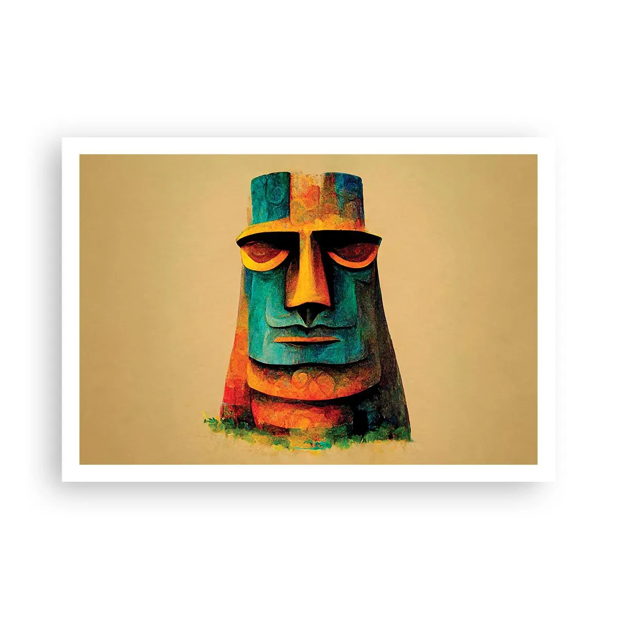 Poster - Bunte Statue von der Osterinsel - 100x70cm - Statuenhaft und sympathisch - Moderne Wanddekoration für Wohnzimmer und Schlafzimmer ARTTOR