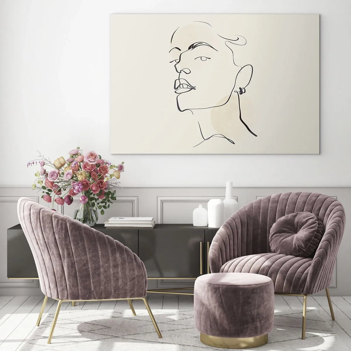 Glasbild - Bild auf glas - Porträt einer Frau in minimalistischen Linien auf hellem Hintergrund - 100x70cm - Ein stolzer Blick - Moderne Wanddekoration für Wohnzimmer und Schlafzimmer ARTTOR