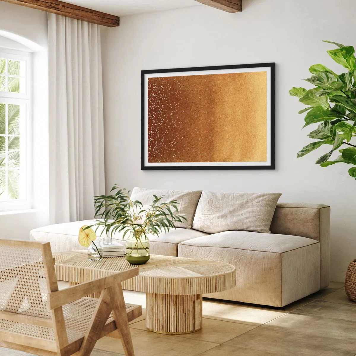 Poster in einem schwarzem Rahmen - Ein goldener Farbverlauf mit dezentem Schimmer und Verzierung - 70x50cm - Die Geburt des Lichts - Moderne Wanddekoration für Wohnzimmer und Schlafzimmer ARTTOR