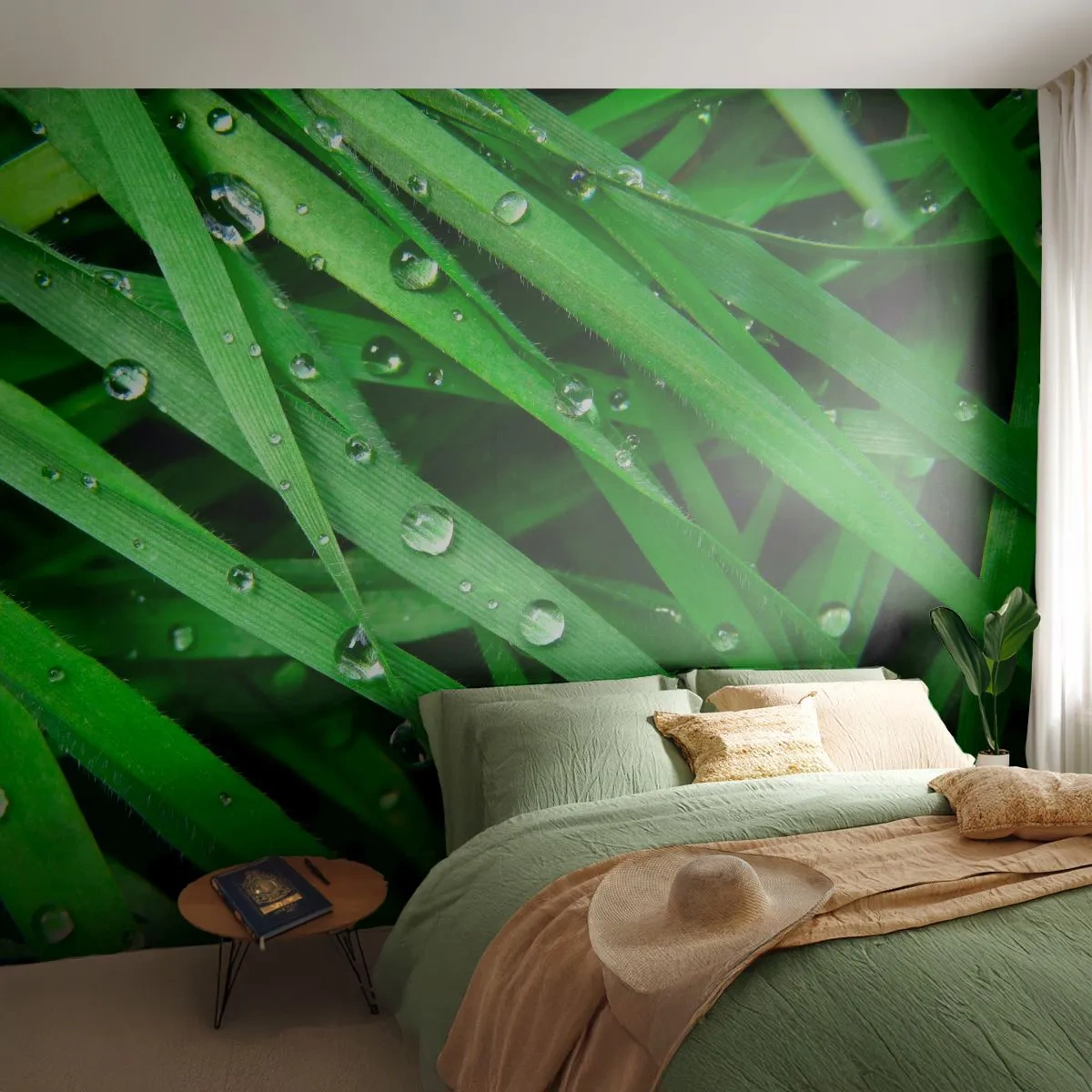 Fototapete Premium Sand - Grünes Gras mit Tautropfen bedeckt - 100x70cm - Grün spielen - Moderne Wanddekoration für Wohnzimmer und Schlafzimmer ARTTOR