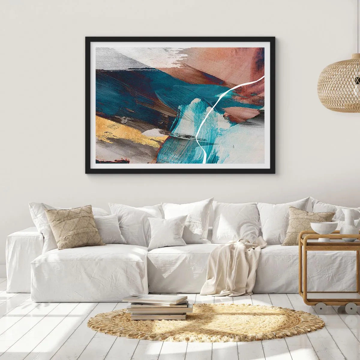 Poster in einem schwarzem Rahmen - Abstrakte Pinselstriche in Blau- und Goldtönen - 70x50cm - Großzügig und mit Energie - Moderne Wanddekoration für Wohnzimmer und Schlafzimmer ARTTOR