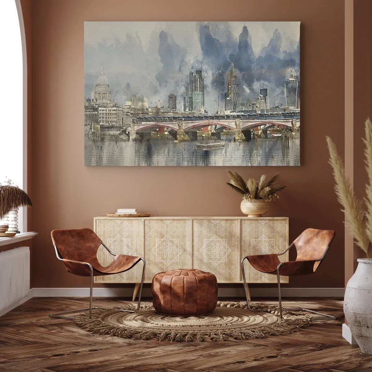 Bild auf Leinwand - Leinwandbild - Aquarellansicht der Brücke und der Skyline der Stadt - 70x50cm - London in seiner ganzen Pracht - Moderne Wanddekoration für Wohnzimmer und Schlafzimmer ARTTOR