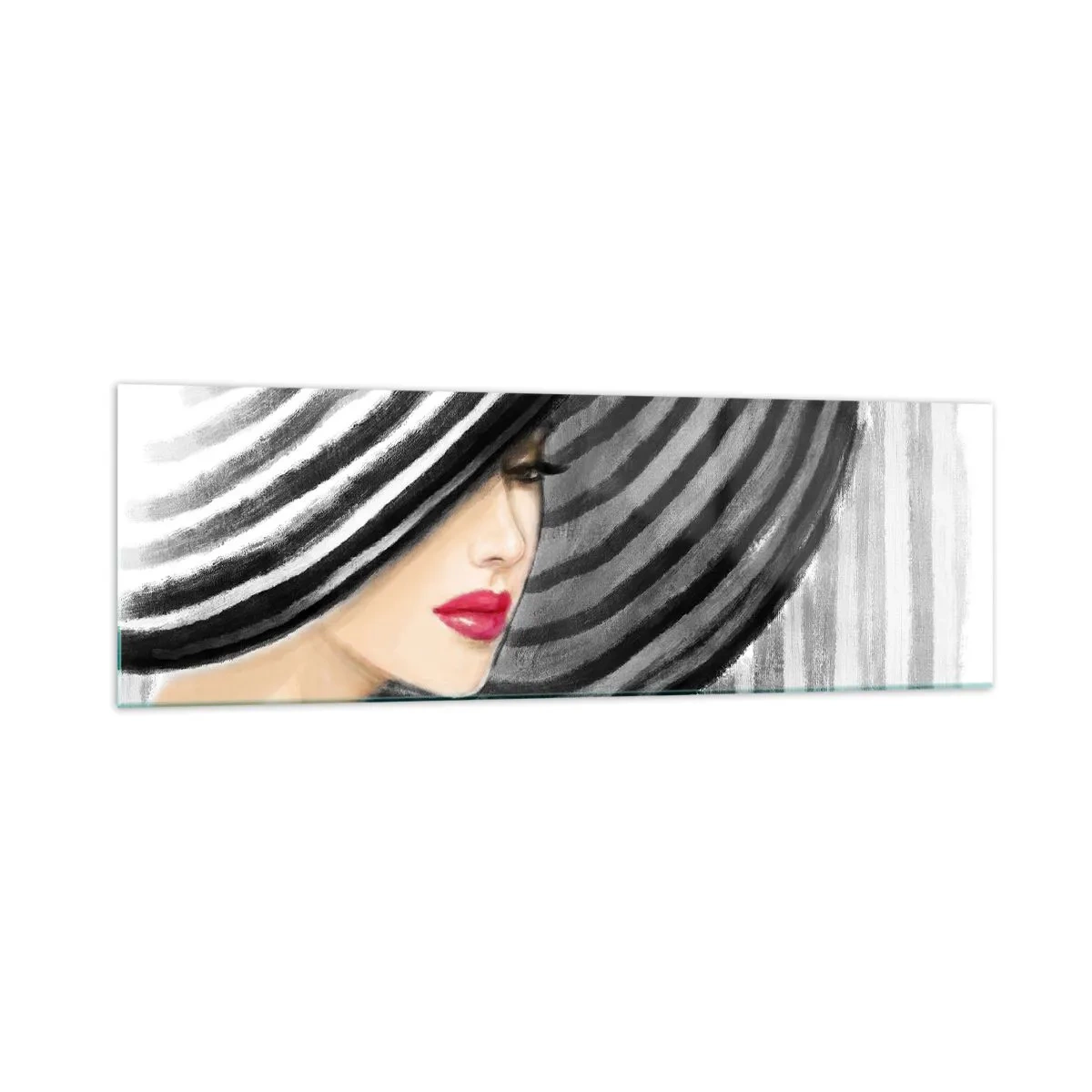 Glasbild - Bild auf glas - Frau trägt einen schwarz-weißen Hut mit rotem Akzent - 160x50cm - Wo soll ich dich finden? - Moderne Wanddekoration für Wohnzimmer und Schlafzimmer ARTTOR