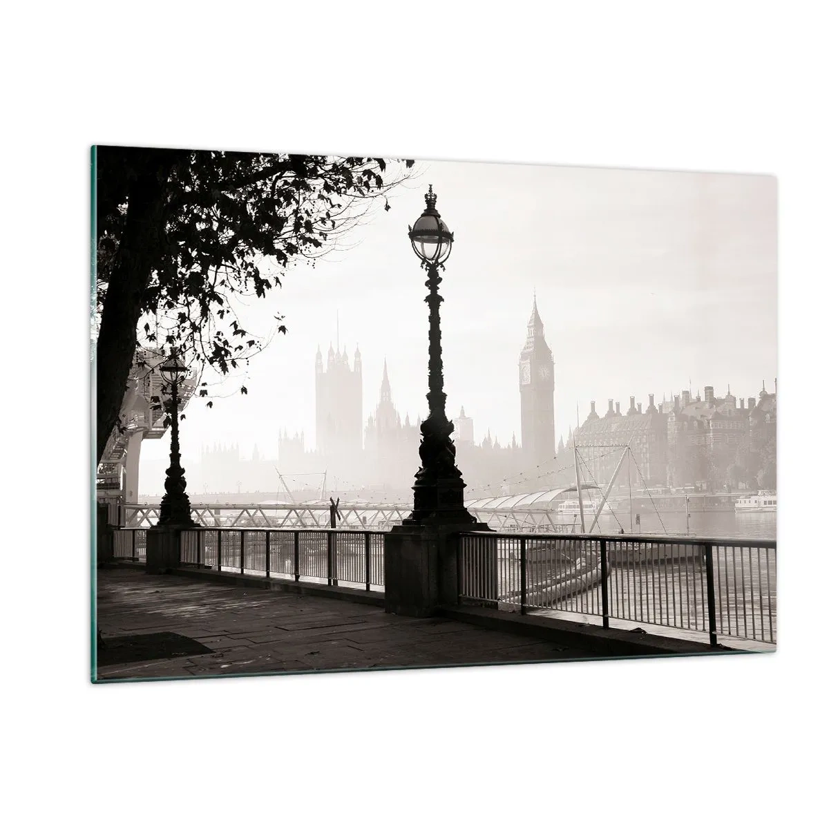 Glasbild - Bild auf glas - Schwarz-Weiß-Fotografie der Londoner Promenade mit Big Ben - 120x80cm - Londoner Morgen - Moderne Wanddekoration für Wohnzimmer und Schlafzimmer ARTTOR