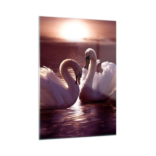 Glasbild - Bild auf glas - Zwei Schwäne auf dem Wasser im Licht der untergehenden Sonne - 50x70cm - Bis der Tod uns scheidet - Moderne Wanddekoration für Wohnzimmer und Schlafzimmer ARTTOR
