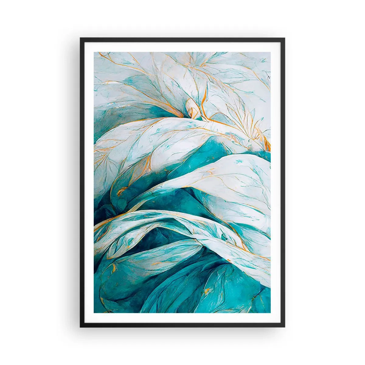 Poster in einem schwarzem Rahmen - Blaue Abstraktion mit goldenem Motiv - 70x100 cm