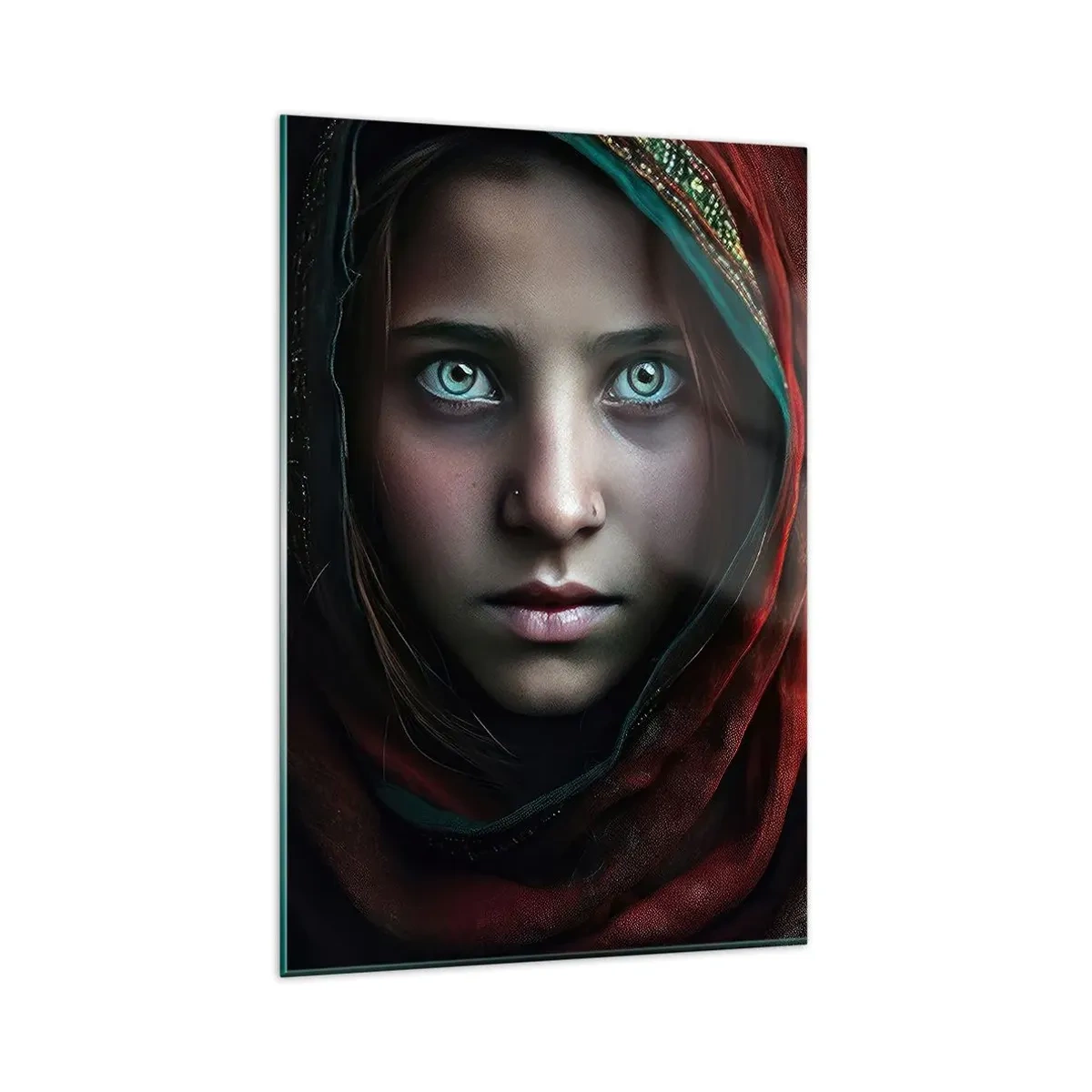 Glasbild - Bild auf glas - Porträt einer Frau mit intensivem Blick in warmen Farben - 80x120cm - Prinzessin aus dem Osten - Moderne Wanddekoration für Wohnzimmer und Schlafzimmer ARTTOR