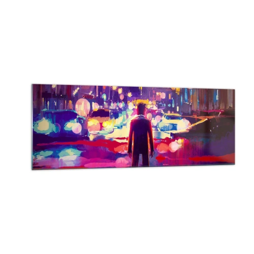 Glasbild - Bild auf glas - Ein Mann in einer neonfarbenen Nachtszene einer Stadt - 140x50cm - Eingetaucht in das Licht - Moderne Wanddekoration für Wohnzimmer und Schlafzimmer ARTTOR