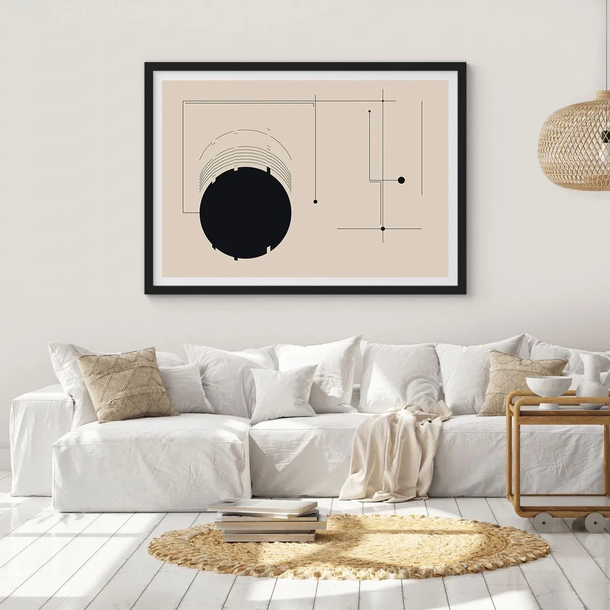 Poster in einem schwarzem Rahmen - Schwarze geometrische Linien und ein Kreis auf beigem Hintergrund - 70x50cm - Flexible und dynamische Komposition - Moderne Wanddekoration für Wohnzimmer und Schlafzimmer ARTTOR