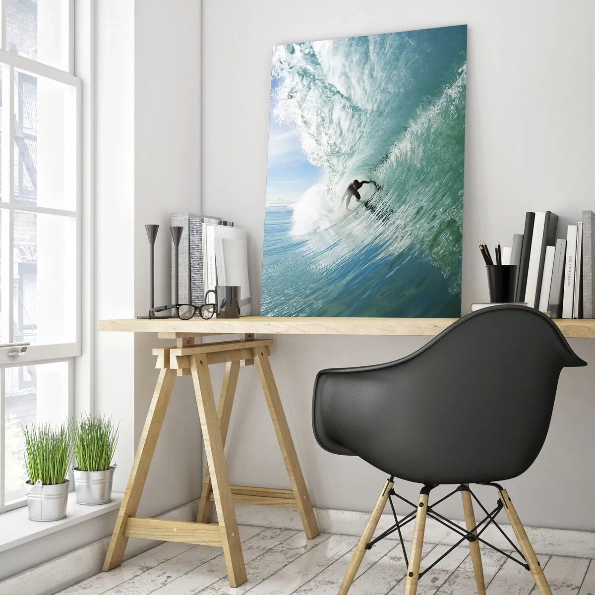 Glasbild - Bild auf glas - Ein Surfer reitet eine Welle im Sonnenlicht vor blauem Himmel - 80x120cm - Immer Top - Moderne Wanddekoration für Wohnzimmer und Schlafzimmer ARTTOR