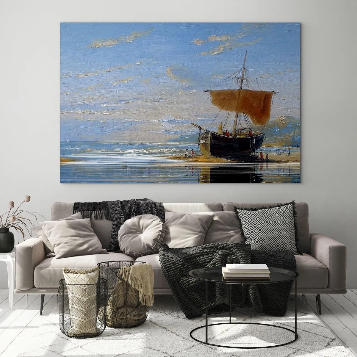 Glasbild - Bild auf glas - Ein Schiff mit Segel am Ufer im malerischen Stil - 70x50cm - Wasser, Land, Luft - Moderne Wanddekoration für Wohnzimmer und Schlafzimmer ARTTOR