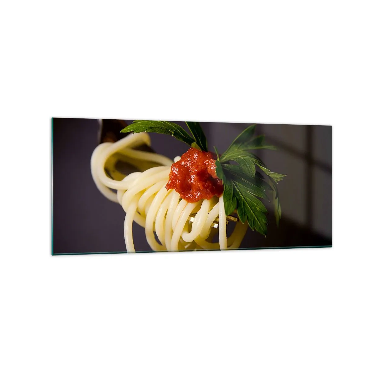 Glasbild - Bild auf glas - Spaghetti auf einer Gabel mit Tomatensauce und Petersilie - 120x50cm - Ein leckerer Bissen - Moderne Wanddekoration für Wohnzimmer und Schlafzimmer ARTTOR