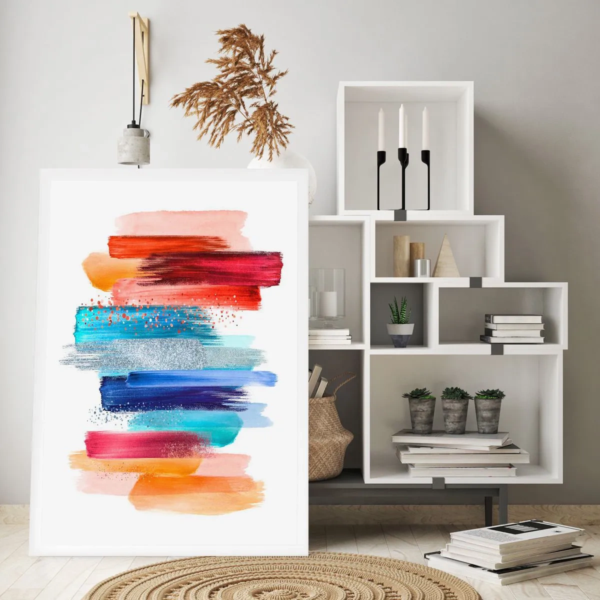 Poster - Bunte abstrakte Pinselstriche auf weißem Hintergrund - 50x70cm - Auf und ab - Moderne Wanddekoration für Wohnzimmer und Schlafzimmer ARTTOR