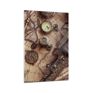 Glasbild - Bild auf glas - Antike Gegenstände auf einer alten Karte im Retro-Stil - 70x100cm - Das Abenteuer ruft - Moderne Wanddekoration für Wohnzimmer und Schlafzimmer ARTTOR