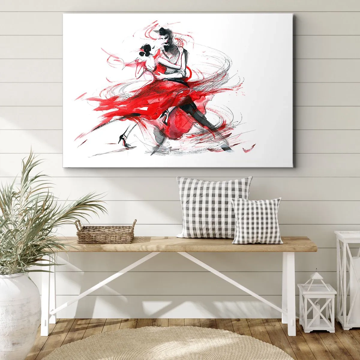Bild auf Leinwand - Leinwandbild - Tänzer in einem dynamischen Tanz mit roten Akzenten - 100x70cm - Tango – der Rhythmus der Leidenschaft - Moderne Wanddekoration für Wohnzimmer und Schlafzimmer ARTTOR