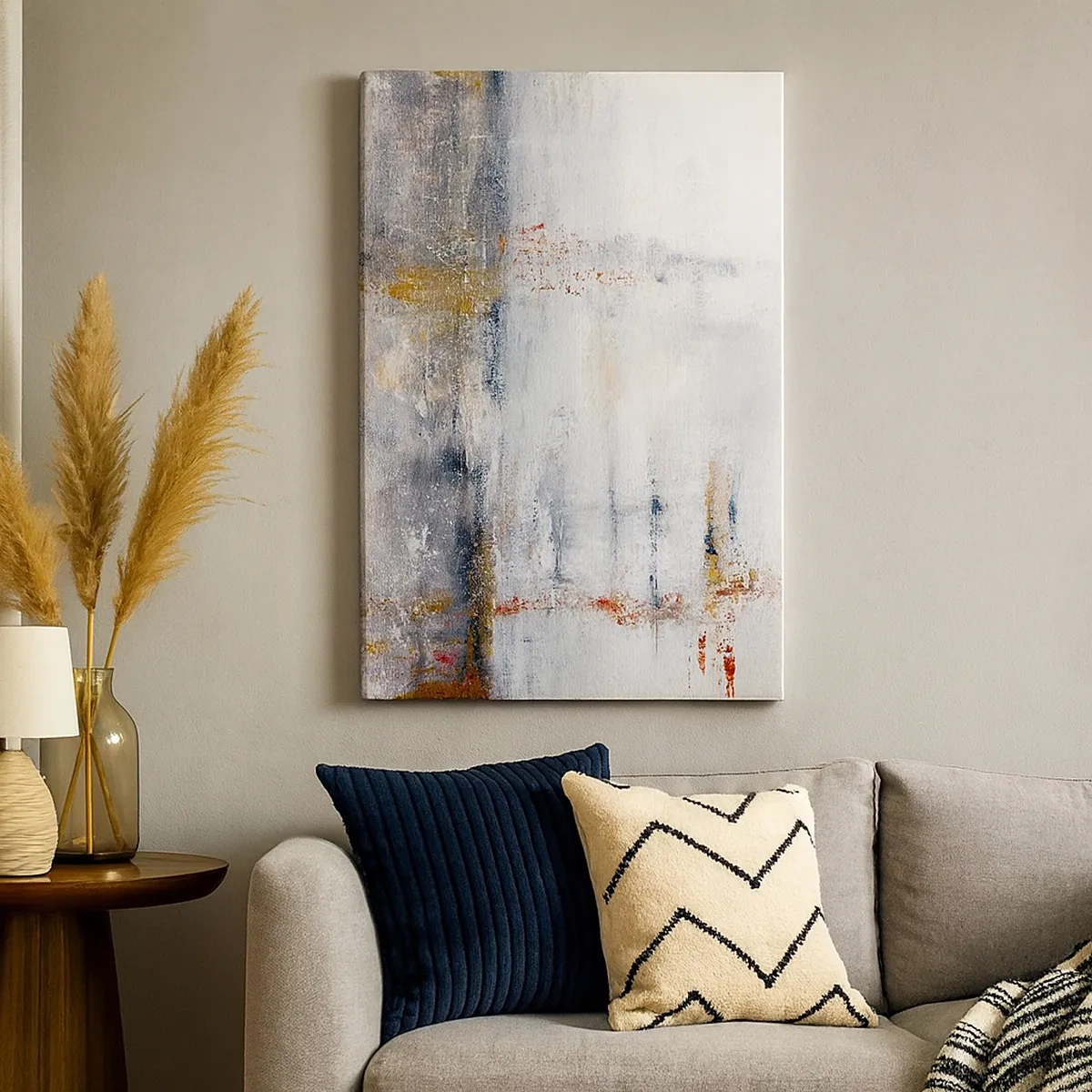 Bild auf Leinwand - Leinwandbild - Eine abstrakte Landschaft mit verschwommenen Akzenten in Grau und Gold. - 50x70cm - Hinter dem Luftvorhang - Moderne Wanddekoration für Wohnzimmer und Schlafzimmer ARTTOR