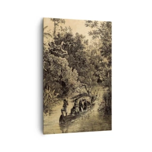 Bild auf Leinwand - Leinwandbild - Zeichnung eines Dschungels mit einem Boot auf einem Fluss - 80x120cm - Expedition zur Quelle - Moderne Wanddekoration für Wohnzimmer und Schlafzimmer ARTTOR