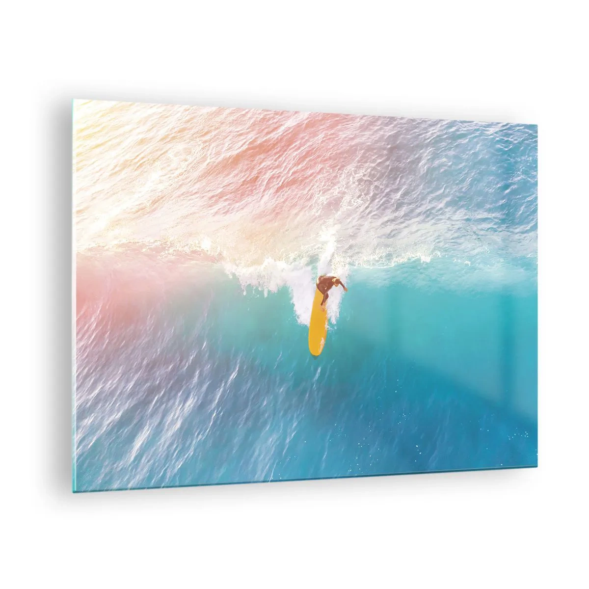 Glasbild - Bild auf glas - Surfer reitet auf einer Welle im türkisfarbenen Ozean - 70x50cm - Der Ozeanreiter - Moderne Wanddekoration für Wohnzimmer und Schlafzimmer ARTTOR