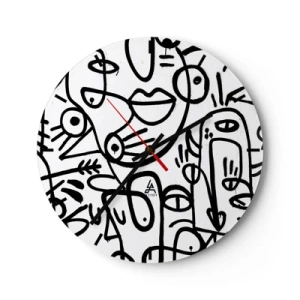 Wanduhr - Glasuhr - Abstrakte Strichzeichnungen Gesichter auf weißem Hintergrund - 30x30cm - Gesichter und Luftspiegelungen - Moderne Wanddekoration für Wohnzimmer, Küche und Schlafzimmer ARTTOR