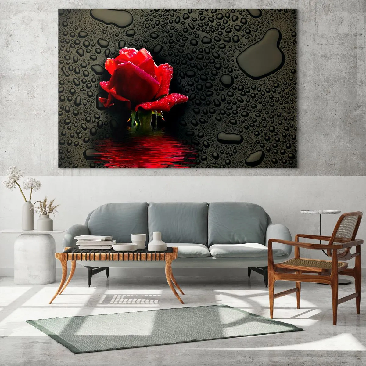 Glasbild - Bild auf glas - Rote Rose mit Wassertropfen auf dunklem Hintergrund - 100x70cm - rot und Schwarz - Moderne Wanddekoration für Wohnzimmer und Schlafzimmer ARTTOR