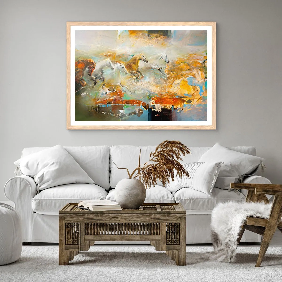 Poster in einem Rahmen aus heller Eiche - Im Galopp durch das Licht - 100x70 cm