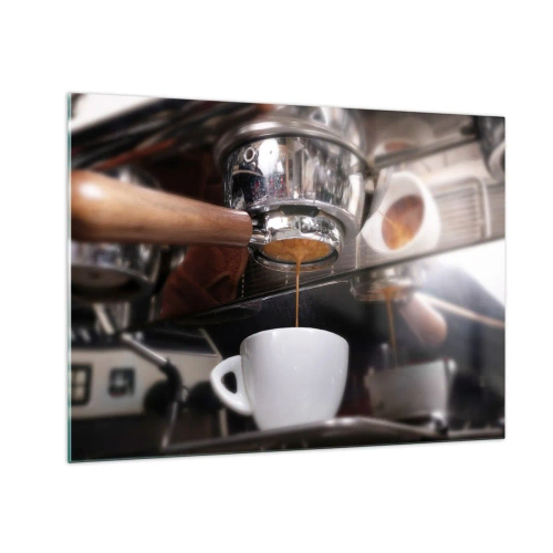 Glasbild - Bild auf glas - Nahaufnahme einer Tasse Kaffee, die aus einer Druckkaffeemaschine eingeschenkt wird - 70x50cm - Gute Zeit des Tages - Moderne Wanddekoration für Wohnzimmer und Schlafzimmer ARTTOR