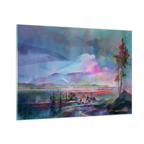 Glasbild - Bild auf glas - Eine farbenfrohe Landschaft mit Bergen und Hütten im surrealen Stil. - 100x70cm - Unter einem wohlwollenden Himmel - Moderne Wanddekoration für Wohnzimmer und Schlafzimmer ARTTOR