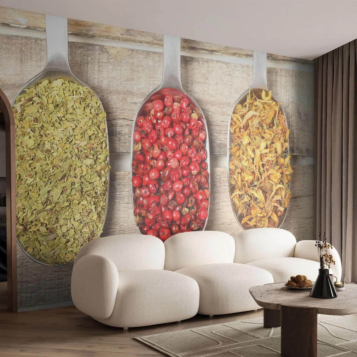 Fototapete Premium Sand - Drei Metalllöffel mit verschiedenen Gewürzen - 100x70cm - Küchenzauber - Moderne Wanddekoration für Wohnzimmer und Schlafzimmer ARTTOR