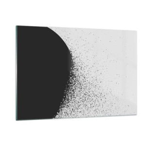 Glasbild - Bild auf glas - Abstraktion einer schwarzen Masse, die auf weißem Hintergrund auseinanderfällt - 120x80cm - Bewegung von Molekülen - Moderne Wanddekoration für Wohnzimmer und Schlafzimmer ARTTOR