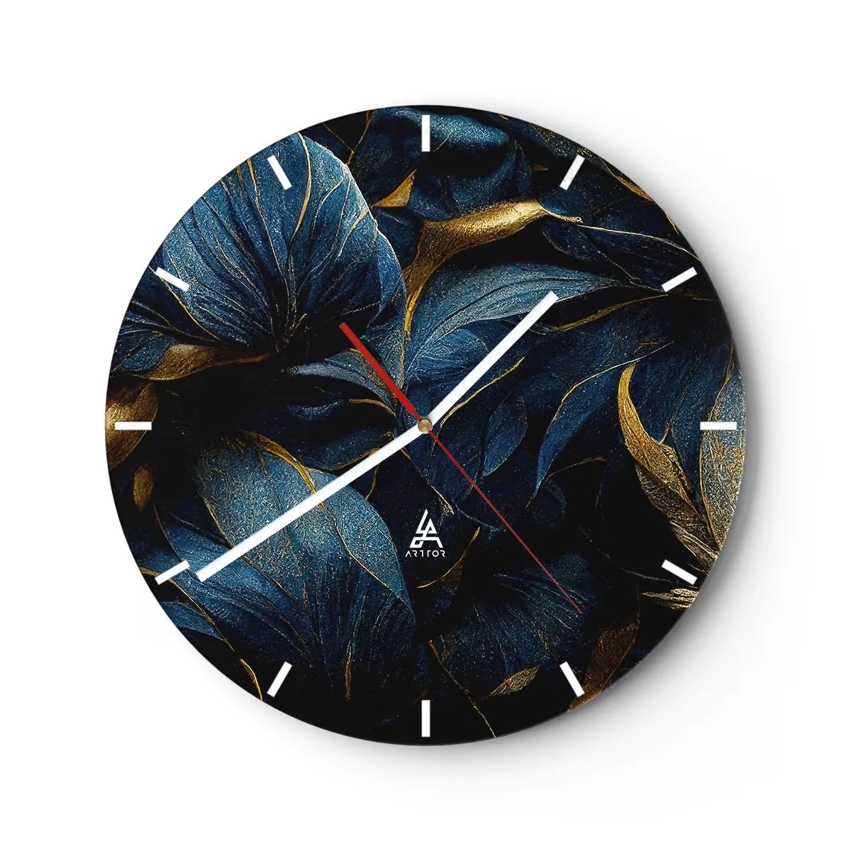 Wanduhr - Glasuhr - Dunkle Blüten mit zartem Golddekor auf den Blütenblättern - 30x30cm - Mit Gold gefüttert - Moderne Wanddekoration für Wohnzimmer, Küche und Schlafzimmer ARTTOR