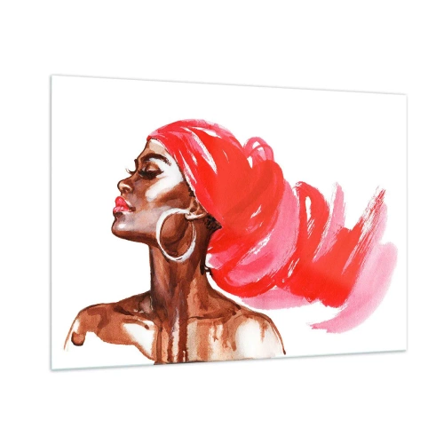 Glasbild - Bild auf glas - Aquarellporträt einer Frau mit rotem Turban - 100x70cm - Es weht ein Wind, der die Nase eines Mannes öffnet - Moderne Wanddekoration für Wohnzimmer und Schlafzimmer ARTTOR