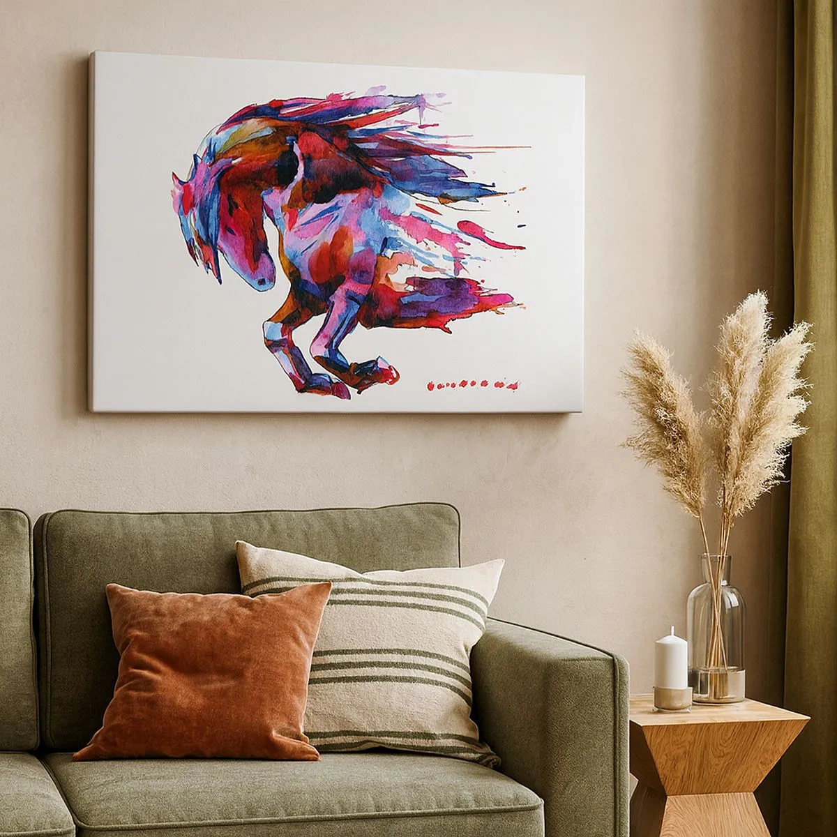 Bild auf Leinwand - Leinwandbild - Ein Pferd in dynamischen abstrakten Farben symbolisiert Freiheit - 70x50cm - In Verzückung - Moderne Wanddekoration für Wohnzimmer und Schlafzimmer ARTTOR