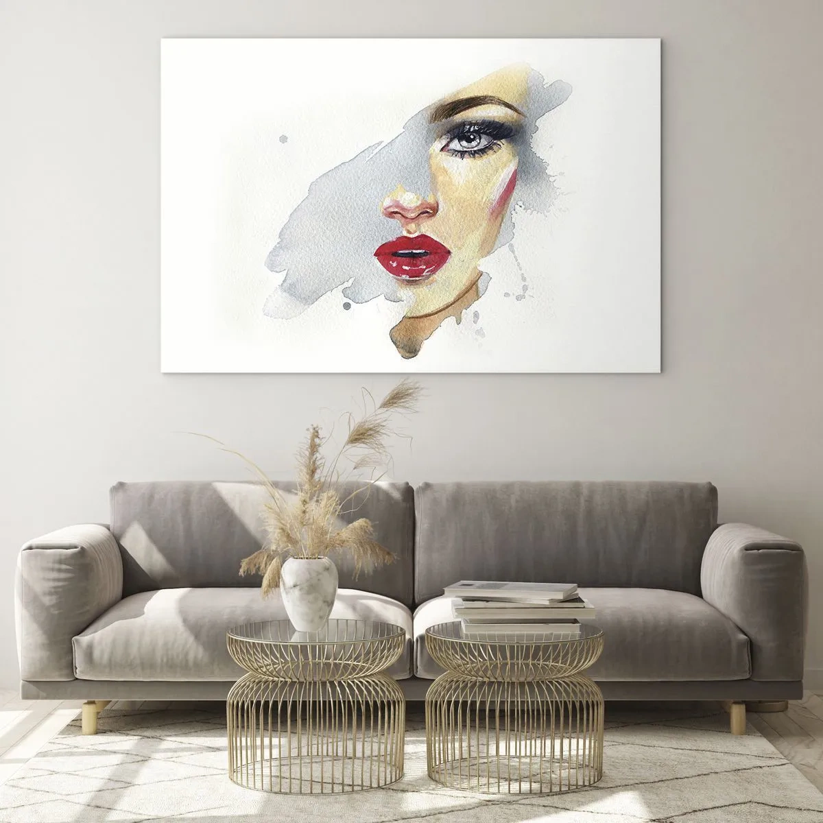 Glasbild - Bild auf glas - Aquarellporträt einer Frau mit roten Lippen - 100x70cm - Abspiegeln in einem Wassertropfen - Moderne Wanddekoration für Wohnzimmer und Schlafzimmer ARTTOR
