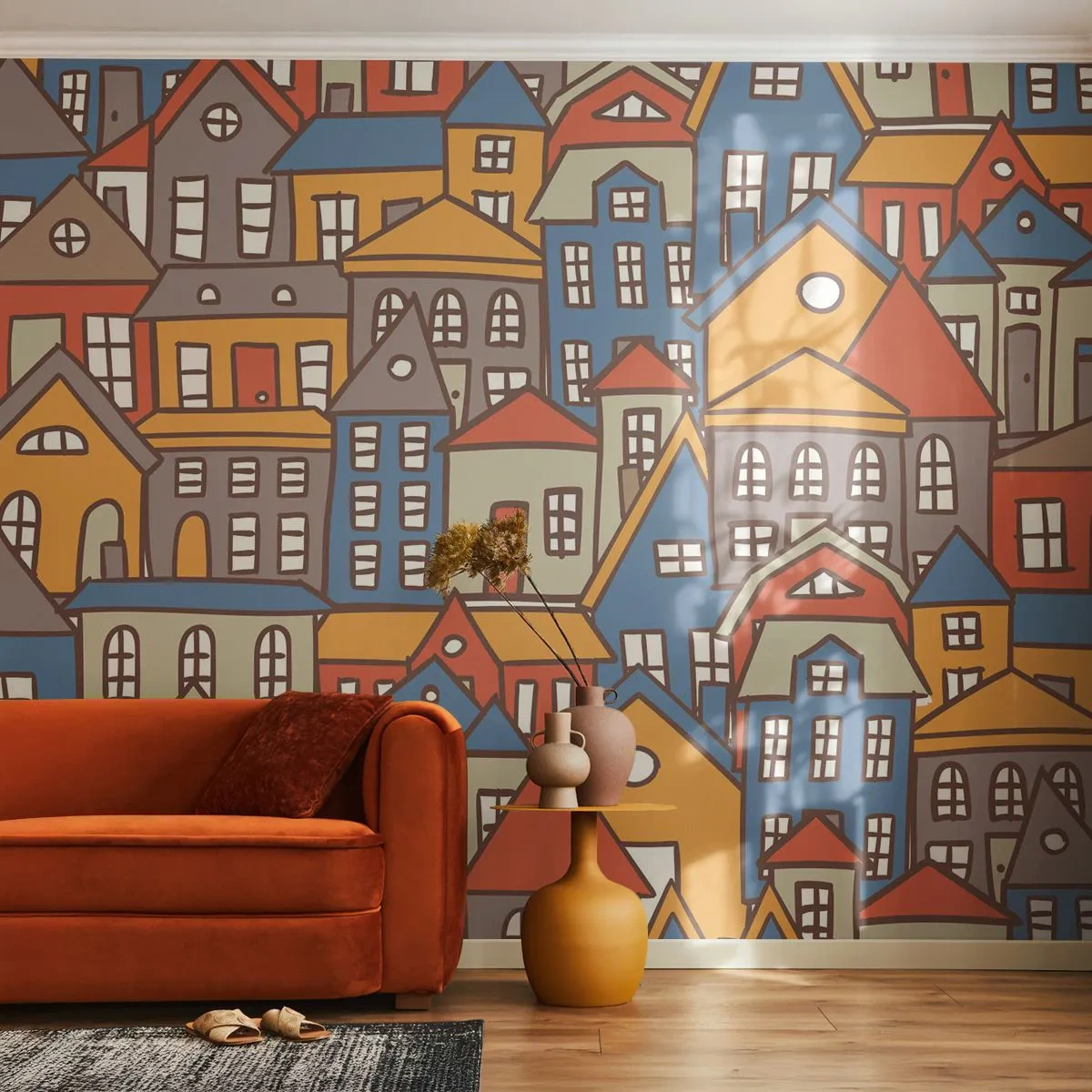 Fototapete Premium Sand - Bunte Cartoon-Häuser im Retro-Stil - 100x70cm - Hinter dem Haus ist das Haus - Moderne Wanddekoration für Wohnzimmer und Schlafzimmer ARTTOR