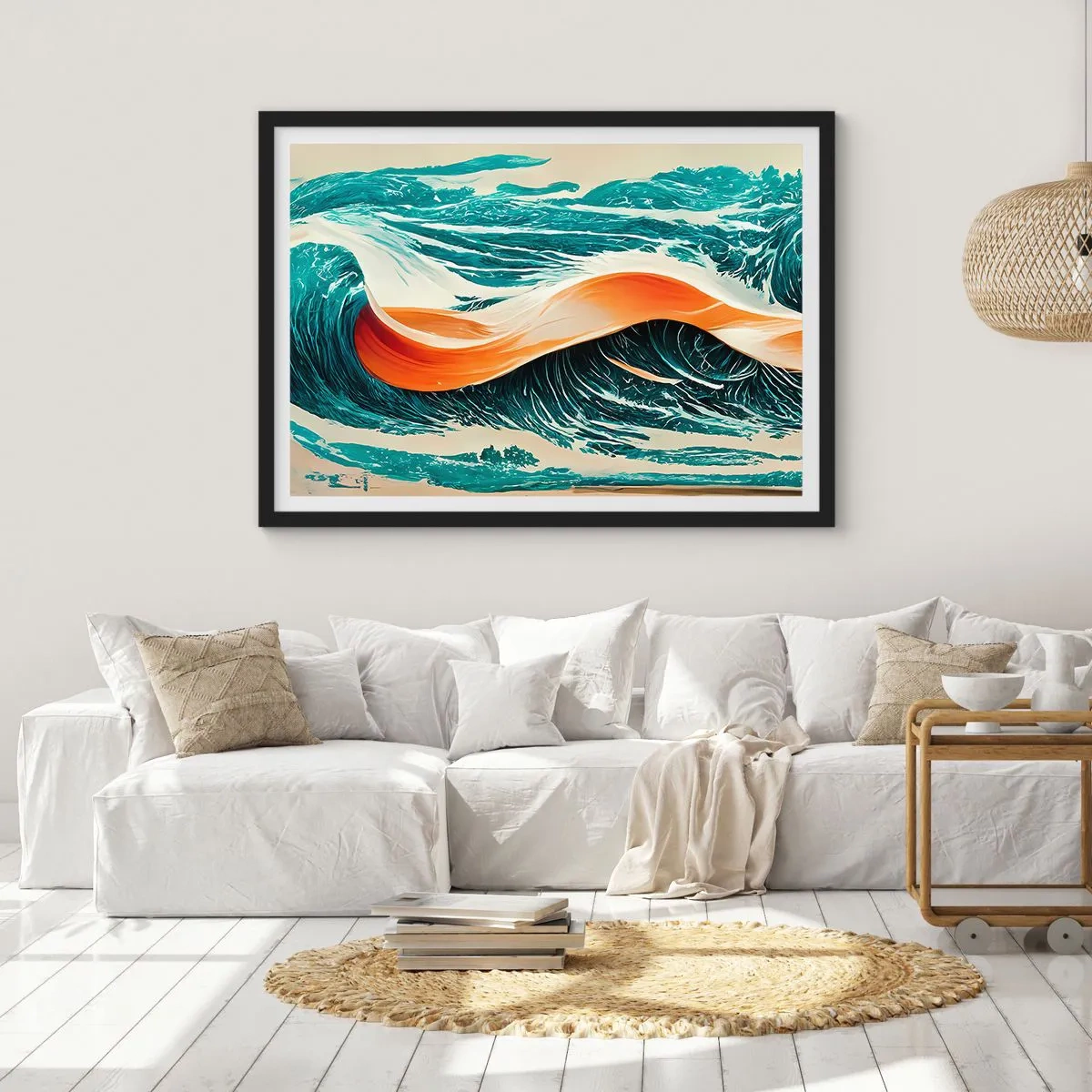 Poster in einem schwarzem Rahmen - Dynamische Meereswellen mit abstraktem Band - 70x50cm - Traum eines Surfers - Moderne Wanddekoration für Wohnzimmer und Schlafzimmer ARTTOR