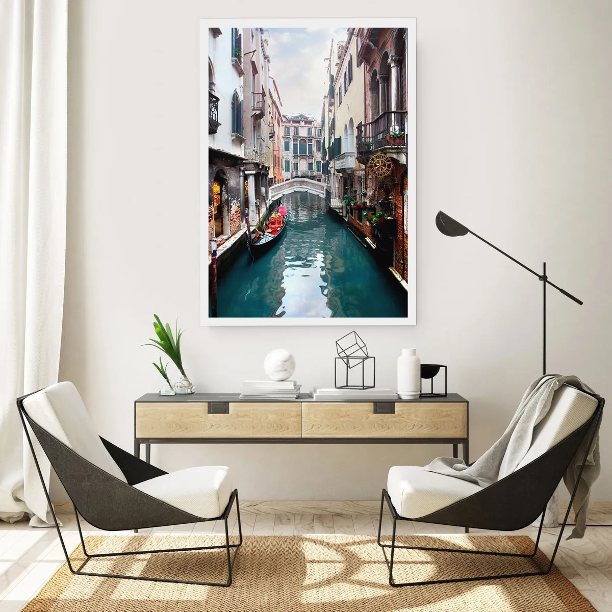 Poster - Venezianische Landschaft mit Gondel und Brücke - 40x50 cm