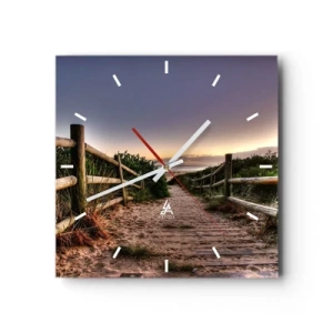 Wanduhr - Glasuhr - Holzweg in den Dünen, der bei Sonnenuntergang zum Strand führt - 30x30cm - Das Ziel ist bereits sichtbar - Moderne Wanddekoration für Wohnzimmer und Schlafzimmer ARTTOR